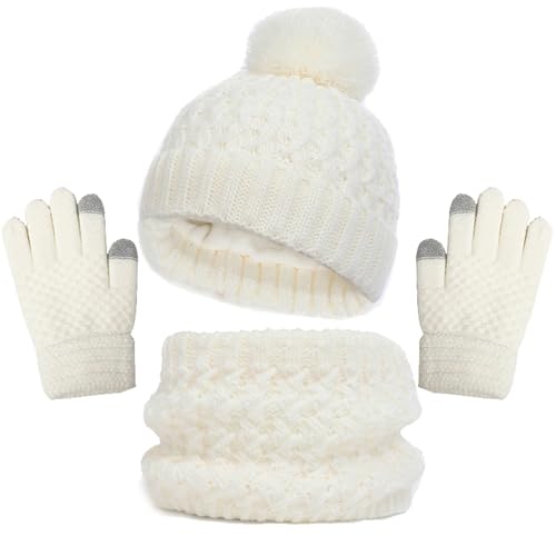 Kinder Strickmütze + Loop Schal + Handschuhe Set Winter Kindermütze Wintermütze Jungen Mädchen Warme gefüttert Strickmütze mit Pompon Kleinkind Bommelmütze für Herbst Winter von Generic