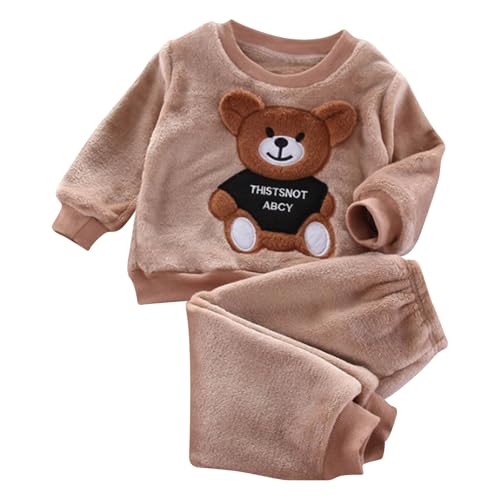 Kinder Winter Flanell Pyjamas Jungen Mädchen Baby Winter Korallen Samt Set Home Verdickte Kleidung Baby Kostüm Mädchen (A-03-Khaki, 12-18 Months) von Generic