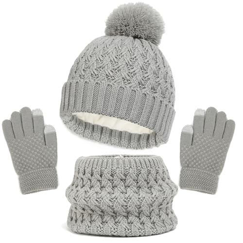 Kinder Strickmütze + Loop Schal + Handschuhe Set, Baumwollmütze Junge Mädchen Weich Kinder Beanie Mütze Nackenwärmer Halsbänder Halstuch Handschuh für Herbst Winter (X-01-Grau, 1-6 Jahre) von Generic