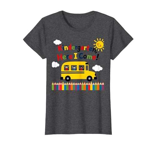 Kindergarten Here I Come 1st Day Boy Excitement Schulbus T-Shirt, Damen, Anthrazit Meliert, 3XL von Generic