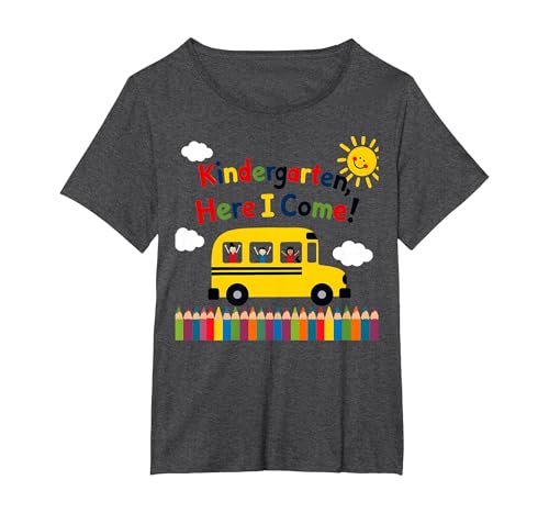 Kindergarten Here I Come 1st Day Boy Excitement Schulbus T-Shirt, Damen Große Größen, Anthrazit Meliert, 6X von Generic