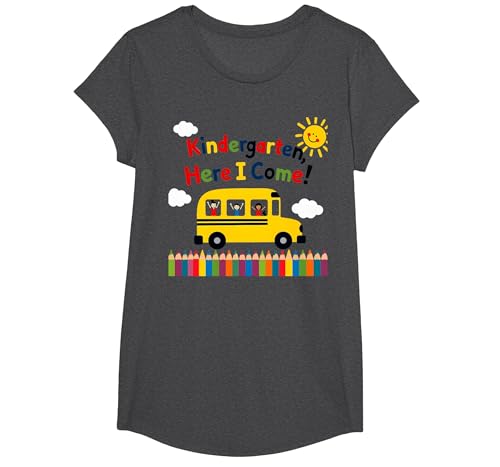 Kindergarten Here I Come 1st Day Boy Excitement Schulbus T-Shirt, Girls, Anthrazit Meliert, XS von Generic
