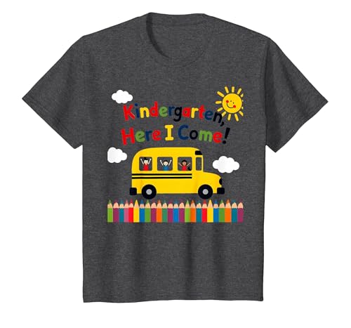 Kindergarten Here I Come 1st Day Boy Excitement Schulbus T-Shirt, Kinder, Anthrazit Meliert, 152 von Generic