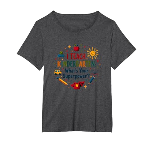 Kindergarten Teacher Superpower Fun Education Thema T-Shirt, Damen Große Größen, Anthrazit Meliert, 2X von Generic