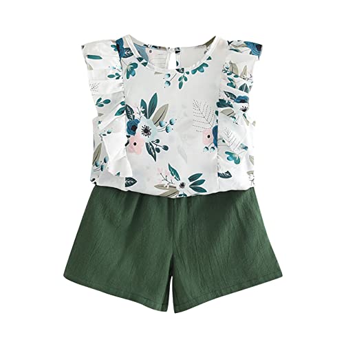 Kinderkleidung Mädchen Set Joggingsanzug Ärmellos Kinder Kleinkind Casual 2 STÜCKE Set T Sommerkleidung Shorts Blumen Rüschen 2-7 Druck Jahre Baby Und Outfits Bekleidungsset (Green, 6-7 Years) von Generic