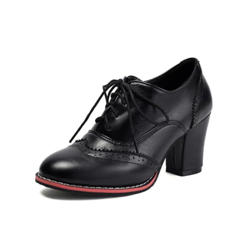 Klassische Brogue Oxfords Schnürpumps für Damen mit perforierten Details Chunky Blockabsatz Vintage-inspirierte Anzugschuhe für die Party,Schwarz,42 EU von Generic