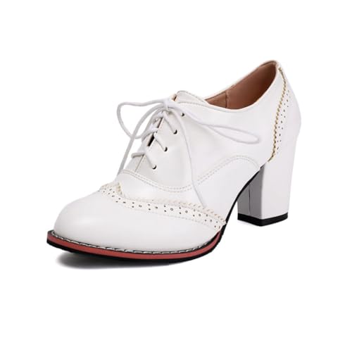 Klassische Brogue Oxfords Schnürpumps für Damen mit perforierten Details Chunky Blockabsatz Vintage-inspirierte Anzugschuhe für die Party,Weiß,34 EU von Generic