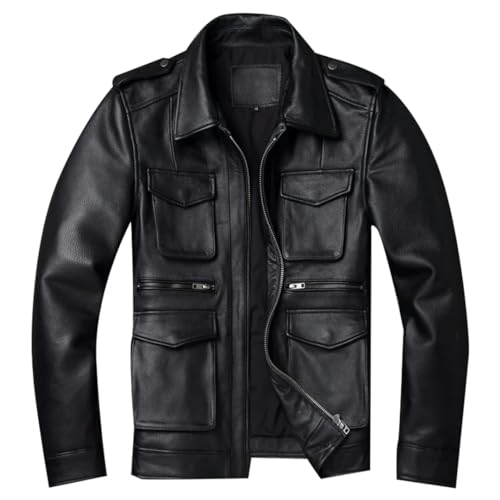 Klassische Herren Lederjacke Aus Massivem Rindsleder Mit Mehreren Taschen Im Motorradstil In Übergröße black 4XL von Generic