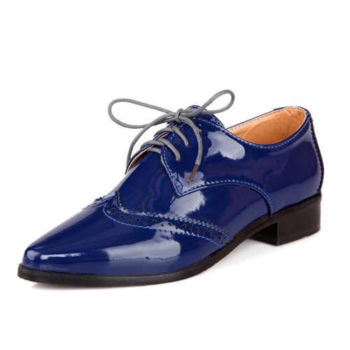 Klassische Oxford-Ballerinas mit Schnürung für Damen Spitz geschlossene Business-Schuhe mit Flügelspitze und Brogue für Büroarbeit und Freizeitkleidung,Blau,42.5 EU von Generic