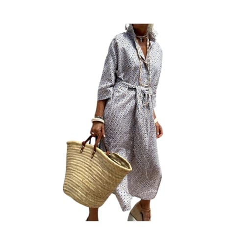 Klassisches gestreiftes Hemdblusenkleid mit Schnürung, Hemdblusenkleider für Damen, Hemdblusenkleid mit Reversschlitz (Grey,XXL) von Generic