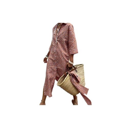 Klassisches gestreiftes Hemdblusenkleid mit Schnürung, Hemdblusenkleider für Damen, Hemdblusenkleid mit Reversschlitz (Red,M) von Generic