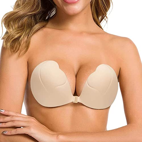 Klebe BH Trägerlos Push Up BH für Frauen Unsichtbar Silikon Trägerlosen BH Selbstklebend Hochzeits BH Wiederverwendbare Damen Bequem Rückenfrei BH (Beige, B) von Generic