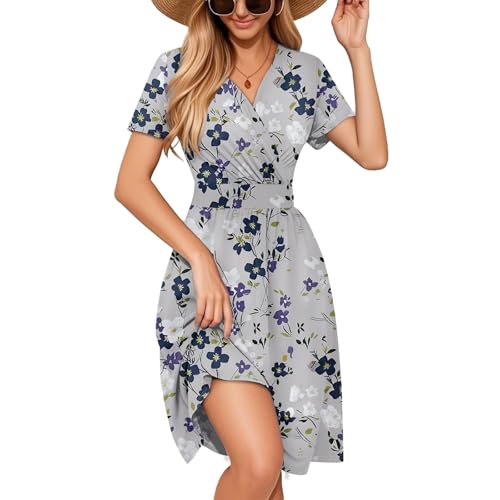 Kleid A Linie Kurzarm, Damen Sommerkleid Kurze Blumen Knielänge Floral Kleider Hohe Taille Midikleid Elegant V-Ausschnitt Wrap Kleid Casual Dress mit Flowy Hem M B Gray von Generic