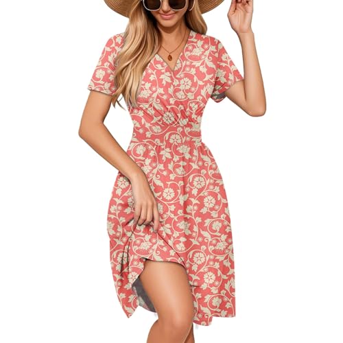 Kleid Beige Damen Festlich, Damen Sommerkleid Kurze Blumen Knielänge Floral Kleider Hohe Taille Midikleid Elegant V-Ausschnitt Wrap Kleid Casual Dress mit Flowy Hem L B Watermelon Red von Generic