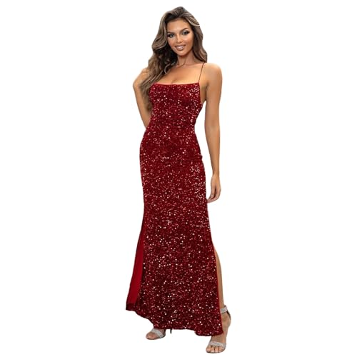 Kleid Damen, Abendkleider Damen Pailletten Spaghetti-Träger Abendkleid Lang Wickelkleid mit Schlitz Elegant Slim Fit Bodycon Kleid MaxiKleid Frauen Festlich Cocktailkleid Partykleid von Generic