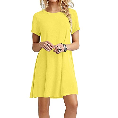 Kleid Damen, Abendkleider Kurz Wadenlange Kleider Sommerkleid Mini Damen Frühling Und Sommer Rundhals Kurzarm Große Lose Einfarbige Kleid Kleid Mini Kurze Kleider Sommer Kleider (Gelb,3XL) von Generic