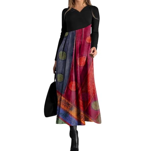 Kleid Damen, Damen Kleider Elegant Abendkleid Für Hochzeit Kleid Festlich Langarm V Ausschnitt Mit Taschen Vintage Tunika Elegantes Maxikleid Hochzeitsgast Musselin Tages Heute(Deep Red,S) von Generic