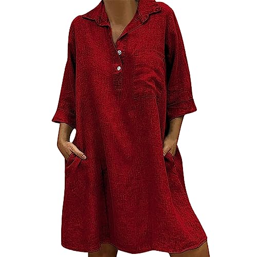 Kleid Damen 3/4 Arm Sommerkleid Damen Knielang Hemdkleid Damen Blusenkleid V Ausschnitt Knöpfen mit Tasche Shirtkleid Lässig Lockere Tunika Kleider Strandkleid Freizeitkleid Blusenkleid Minikleid von Generic
