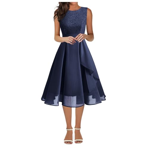 Kleid Damen Chiffon Spitzenkleid Cocktailkleid Elegant für Hochzeit Brautjungferkleid Ärmellos A Linie Rüschenkleid Abendkleid Damen Knielang Abschlusskleid Kurz Partykleid von Generic