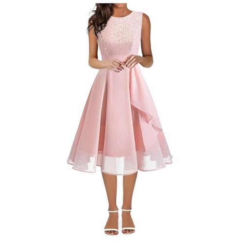 Kleid Damen Chiffon Spitzenkleid Cocktailkleid Elegant für Hochzeit Brautjungferkleid Ärmellos A Linie Rüschenkleid Abendkleid Damen Knielang Abschlusskleid Kurz Partykleid von Generic