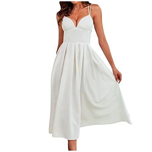 Kleid Damen Cocktailkleider Damen Elegant Hochzeitskleid Festliches Kleid Lang Abend Party Ballkleid Brautjungfer V-Ausschnitt Split Maxikleid Trägerkleid Kleid Damen Elegant Weiß L von Generic