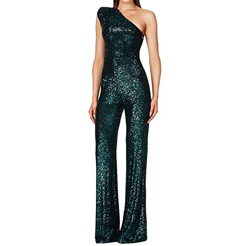 Kleid Damen Elegant, Damen Jumpsuit Ärmelloses Schulterfrei Pailletten Jumpsuit Damen Elegant Glänzend Lang Playsuit One shoulder Overall Casual Hosenanzug Einfarbig Strampler Spielanzug von Generic