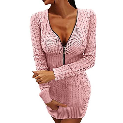 Kleid Damen Elegant, Damen Kleider Langarm V-Ausschnitt Bodycon Strickkleid Einfarbig Tunika Minikleid Damen Elegant Kurz Winterkleid Enge Pulloverkleid Winter Casual Wickelkleid von Generic