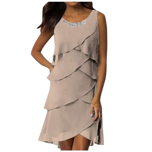 Kleid Damen Elegant Chiffonkleid Knielang Abendkleid Kurz Festkleid A Linie Kleid Patchwork Freizeitkleid Elegant Hochzeitsgäste Minikleid Rundhalsausschnitt Cocktailkleid von Generic