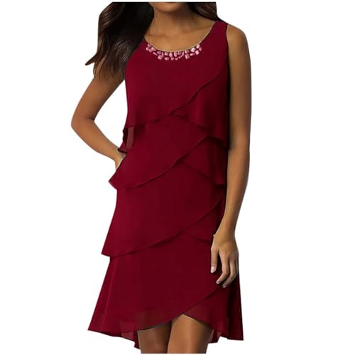 Kleid Damen Elegant Chiffonkleid Knielang Abendkleid Kurz Festkleid A Linie Kleid Patchwork Freizeitkleid Elegant Hochzeitsgäste Minikleid Rundhalsausschnitt Cocktailkleid von Generic