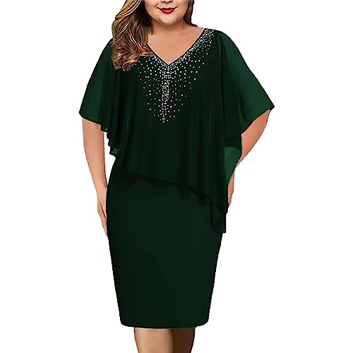 Kleid Damen Elegant Große Größe Chiffon Cape Cocktailkleid Knielang Abendkleid mit Overlay V Ausschnitt Partykleid Rockabilly Vintage Cocktailkleid Freizeitkleid Festival Kleider von Generic