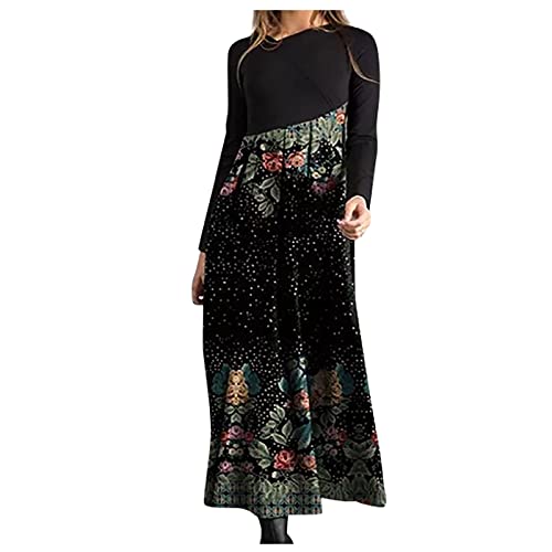 Kleid Damen Elegant Langarm Strandkleid Festlich Vintage Patchwork V-Ausschnitt Maxi Casual Elegant Winter Sommerkleider Black XL Kleid Damen Elegant Langarm Strandkleid Festlich Vintage Patchwork V-Ausschnitt Maxi Casual Elegant Winter Sommerkleider Black XL von Generic