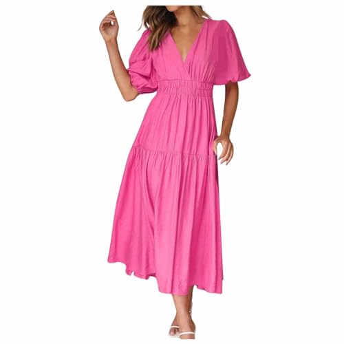 Kleid Damen Elegant V-Ausschnitt Sommerkleid Kurze Puffärmel Wickelkleid Einfarbig Maxikleid Hohe Taille Partykleid Lässig Sommer Freizeitkleid von Generic