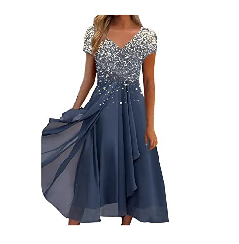 Kleid Damen Elegant für Hochzeit Abendkleid Lang Cocktailkleid Chiffon Kurzarm Party Kleider Vintage Retro Spitzenkleid V-Ausschnitt Paiettenkleider Abendkleider Brautjungfer Kleid von Generic