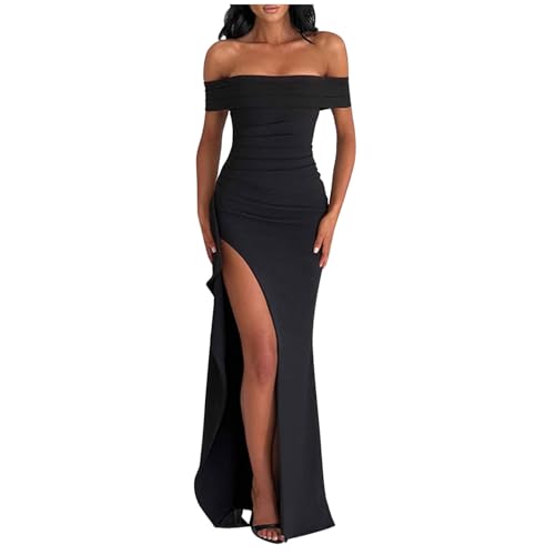 Kleid Damen Elegante Schulterfrei Ärmellos Hoch Geteilt Gerüscht Formell Lang Bodycon Cocktailkleid Abendkleider Partykleider von Generic