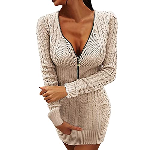 Kleid Damen Langarm, Damen Kleider Langarm V-Ausschnitt Bodycon Strickkleid Einfarbig Tunika Minikleid Damen Elegant Kurz Winterkleid Enge Pulloverkleid Winter Casual Wickelkleid von Generic