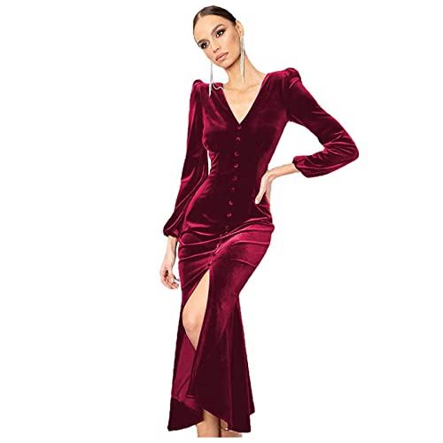 Kleid Damen Langarm Abendkleid Samt Maxikleid Tief V-Ausschnitt Elegant Cocktailkleid Partykleid Samtkleid Enger Rock mit Knöpfen Sexy Geschlitztes Kleider Kleid Damen Elegant Rot M von Generic