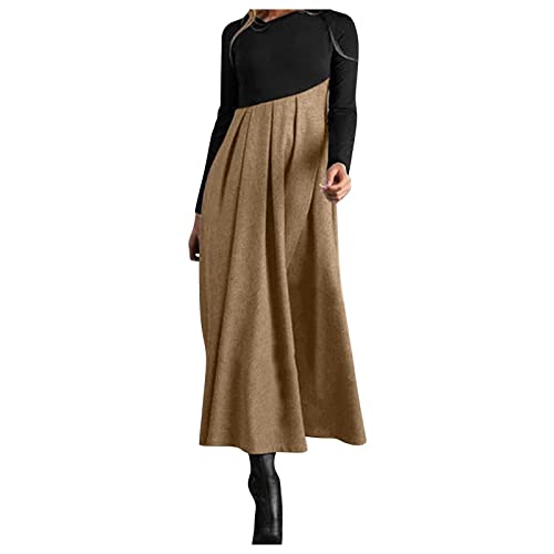 Kleid Damen Langarm Winter Blusenkleid Damen Oversize Kleid Damen&I3 Vintage Patchwork V-Ausschnitt Maxi Kleid Langarm Casual Kleid Elegant Winter Partykleid Khaki XL von Generic