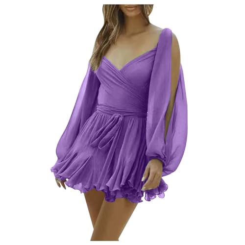 Kleid Damen Langarm Women's Ruched Mini Cute Long Sleeve Dress V-Neck Sleeves Off Dress A-Linien Minikleid Partykleid Freizeitkleid Dating-Kleid Sommerkleider Rüschenkleid (Purple, S) von Generic