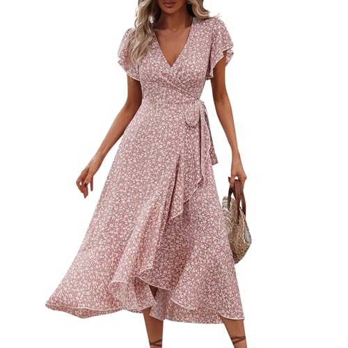 Kleid Damen Midi, Sommerkleid Damen Elegant Lang V Ausschnitt Leicht Schlitz Hohe Taille Blumen Wrap Kleid Freizeitkleid mit Rüschen Kurzärm für Urlaub L A Pink von Generic
