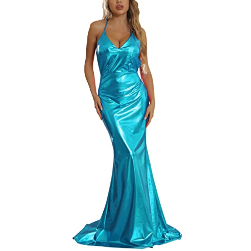 Kleid Damen Paillettenkleid Glänzend Abendkleider Sexy Fransen Transparent Glänzend Cocktailkleid Hohe Taille Glitzerkleid Knielang Bleistiftkleid Minikleid (Blue, L) von Generic