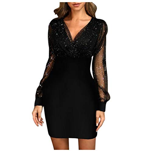 Kleid Damen Partykleid Kleider V-Ausschnitt Chiffon Abendkleider Langarm A-Linien Abendkleid Frauen Festliches Kleid Elegant Cocktailkleid Club Oberteile, Schwarz4, M von Generic