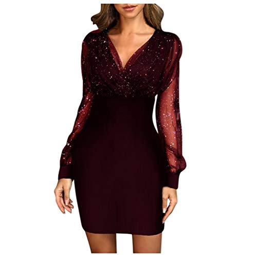 Kleid Damen Partykleid Kleider V-Ausschnitt Chiffon Abendkleider Langarm A-Linien Abendkleid Frauen Festliches Cocktailkleid Club Oberteile, Wein4 von Generic