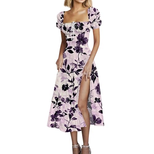 Kleid Damen Sommer, Sommerkleid Lang Elegant Blumen Kleid mit Schlitz Hohe Taille Geblümt Kleider Puff Ärmel Quadratischer Ausschnitt Strandkleid Luftig A Linie für Urlaub XXL C Purple von Generic