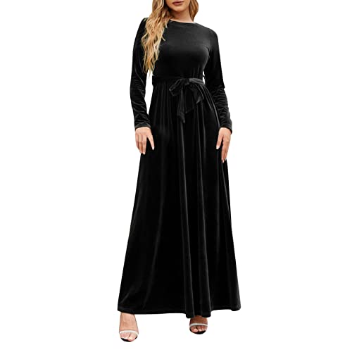 Kleid Damen Sommer - Damen Frühling Herbst und Winter Elegant Temperament Stil Langes Kleid Gold Samt Einfarbiges High End Kleid Langärmliges Rundhalskleid Kleid FüR HochzeitsgäSte Damen von Generic