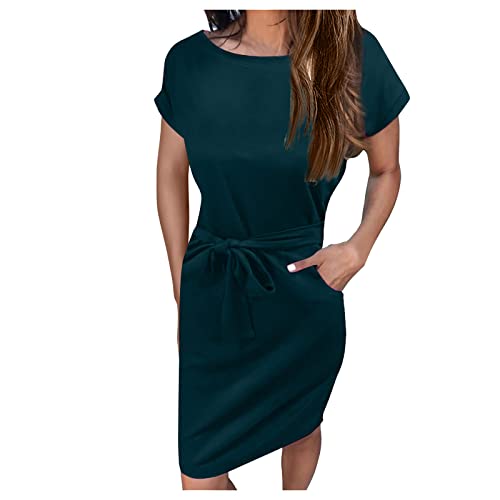 Kleid Damen Sommer Kleider Damen festlich Kleid Grosse grössen Damen Einfarbig Kurze Ärmel Rundhals Midikleid mit Tasche Bodycon Kleid mit Gürtel Damen-Kleider (Dunkelgrün, L) von Generic