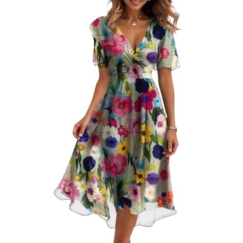 Kleid Damen Sommer Knielang Kleid Damen Sommerkleid Lang Casual V-Ausschnitt Kurzarm Maxikleider Strandkleid Elastische Taille Lang Kleider Rüschen A Linie chiffonkleid Multicolor XXL von Generic