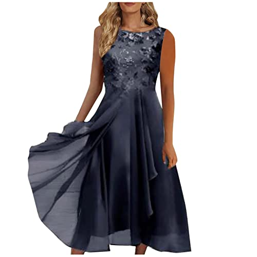 Kleid Damen Strand Kleid Vokuhila Kleid Sexy Kleid Damen Spitze Patchwork Chiffon Ärmellos Kleider Hohe Taille A-Linie Abendkleid Rundhals Lang Ballkleid Strandkleid (Navy,M) von Generic