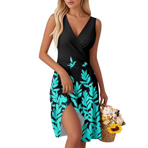 Kleid Damen V-Ausschnitt Kleid Ärmellose Casual Kleider Sommerkleid Floral Party Kleid A-Linie Hohe Taille Strandkleider Leicht und Luftig Minikleid für Urlaub S-2XL A Black S von Generic