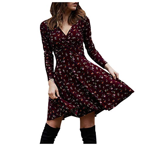 Kleid Damen Winter, Female Tunika Print Blumen Langarm Kleid V-Ausschnitt A-Linie Midi Kleider mit Gürtel Freizeitkleid Kleid mit Blumen-Muster Langarm Retro Swing Freizeitkleid Kleid Damen Winter, Female Tunika Print Blumen Langarm Kleid V-Ausschnitt A-Linie Midi Kleider mit Gürtel Freizeitkleid Kleid mit Blumen-Muster Langarm Retro Swing Freizeitkleid von Generic