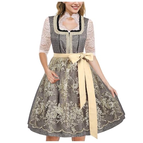 Kleid Dirndl Damen Midi Oktoberfest mit Schürze und Bluse Fernblau geblümt Kleidung Dirndl Midi Trachtenkleid inkl. Trachtenrock Dirndlbluse Dirndlschürze Oktoberfest Trachtenkleid Trachtenmode von Generic